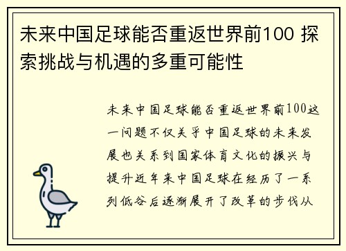 未来中国足球能否重返世界前100 探索挑战与机遇的多重可能性